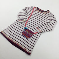 Cream & Burgundy Striped Knitted Dress With Faux Handbag - Girls 3-4 Years