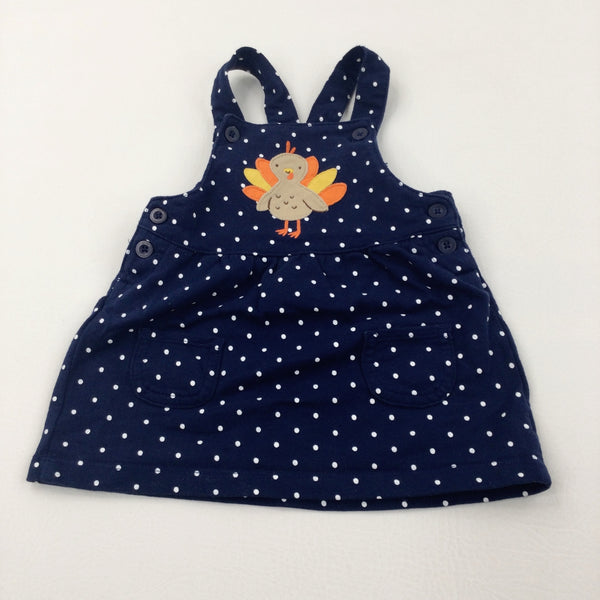 Turkey Appliqued Navy & White Spotty Jersey Dress - Girls 9 Months