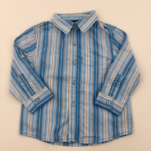 Blue, White & Tan Striped Long Sleeve Shirt - Boys 12-18 Months