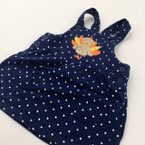 Turkey Appliqued Navy & White Spotty Jersey Dress - Girls 9 Months