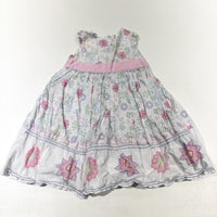 Pastel Flowers Embroidered Pink & White Handmade Cotton Party Dress - Girls 6-9 Months