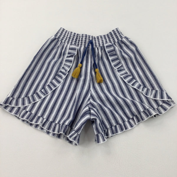 Blue & White Striped Lightweight Cotton Shorts - Girls 8-9 Years