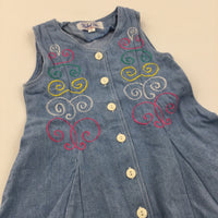 Embroidered Swirls Light Blue Denim Dress - Girls 9-12 Months