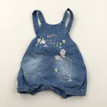'Happy Days With Mummy' Butterflies & Flowers Embroidered Blue Denim Effect Short Dungarees - Girls 6-9 Months