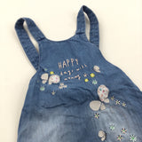 'Happy Days With Mummy' Butterflies & Flowers Embroidered Blue Denim Effect Short Dungarees - Girls 6-9 Months