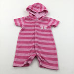 Butterfly Appliqued Pink Striped Towelling Hoodie Romper - Girls 6-9 Months