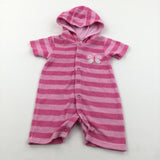 Butterfly Appliqued Pink Striped Towelling Hoodie Romper - Girls 6-9 Months