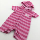 Butterfly Appliqued Pink Striped Towelling Hoodie Romper - Girls 6-9 Months