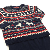 Reindeer & Christmas Tree Patterned Red, White & Navy Knitted Christmas Jumper & Leggings Set - Boys/Girls 6-9 Months