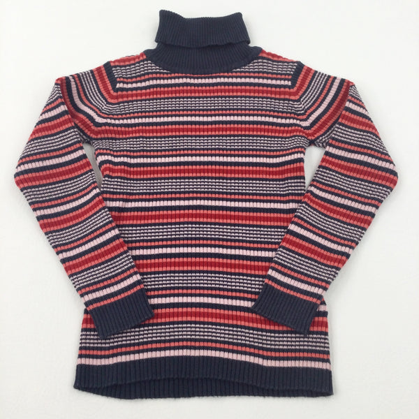 Red, Pink & Navy Striped Roll Neck Knitted Jumper - Girls 4-5 Years