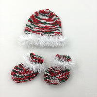 Sparkly Red, Green & White Knitted Christmas Hat & Booties Set - Boys/Girls 0-6 Months