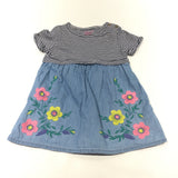 Flowers Embroidered Navy, White & Blue Denim Effect Cotton & Jersey Dress - Girls 12-18 Months