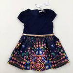 **NEW** Flowers Navy Party Dress With Gold Belt - Girls 12-18 Months