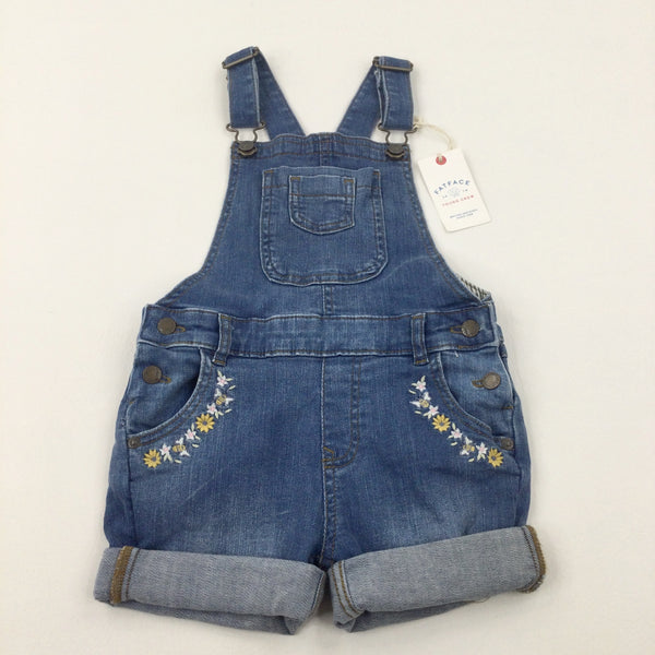 **NEW** Flowers & Bees Embroidered Blue Denim Short Dungarees - Girls 4-5 Years