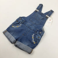 **NEW** Flowers & Bees Embroidered Blue Denim Short Dungarees - Girls 4-5 Years
