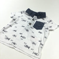 Fish Navy & White Polo Shirt with Denim Effect Collar - Boys Newborn - Up To 1 Month