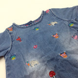 Blue Animals Embroidered Denim Dress - Girls 9-12 Months