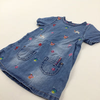 Blue Animals Embroidered Denim Dress - Girls 9-12 Months