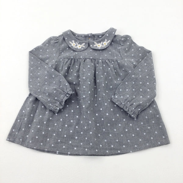 Flower Motif Grey Polka Dress - Girls 9-12 Months