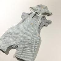 Sailing Boat Embroidered Blue & White Cotton Short Dungarees, Grey Short Sleeve Bodysuit & Matching Sun Hat - Boys Newborn - Up To 1 Month