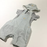 Sailing Boat Embroidered Blue & White Cotton Short Dungarees, Grey Short Sleeve Bodysuit & Matching Sun Hat - Boys Newborn - Up To 1 Month