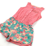Flowers Coral Pink & Green Jersey Playsuit - Girls 3-4 Years