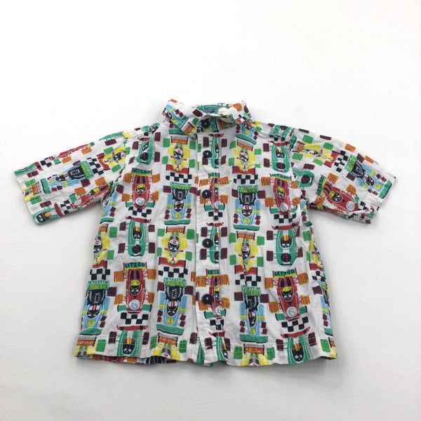 Colourful Racing Cars White Cotton Shirt - Boys 9-12 Months