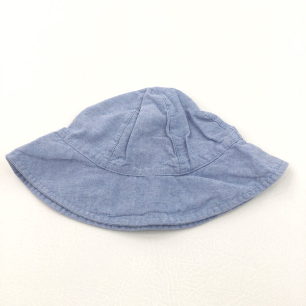 Flower Embroidered Blue Cotton Sun Hat - Girls 12-18 Months