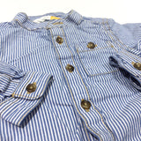 Blue & White Striped Long Sleeve Collarless Shirt - Boys 0-3 Months
