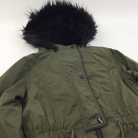 Khaki Green Thick Long Coat with Fluffy Hood - Girls 13-14 Years