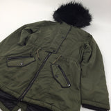 Khaki Green Thick Long Coat with Fluffy Hood - Girls 13-14 Years