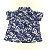 Flowers & Leaves White & Navy Polyester Shirt - Boys 18-24 Months