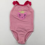 Strawberry Appliqued Dark Pink & White Striped Swimming Costume - Girls 18-24 Months