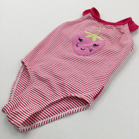 Strawberry Appliqued Dark Pink & White Striped Swimming Costume - Girls 18-24 Months