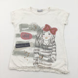 'Love & Beautiful' Sequins & Sparkly Girl Cream T-Shirt - Girls 8-9 Years