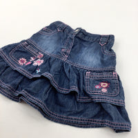 Flowers & Butterflies Embroidered Denim Layered Skirt - Girls 3-4 Years
