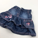 Flowers & Butterflies Embroidered Denim Layered Skirt - Girls 3-4 Years