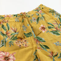 Flowers Mustard Yellow & Green Lightweight Viscose Shorts - Girls 9-10 Years