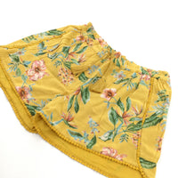 Flowers Mustard Yellow & Green Lightweight Viscose Shorts - Girls 9-10 Years