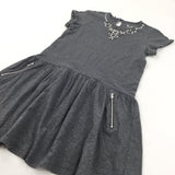 Beaded Neckline Grey Jersey Dress - Girls 10 Years