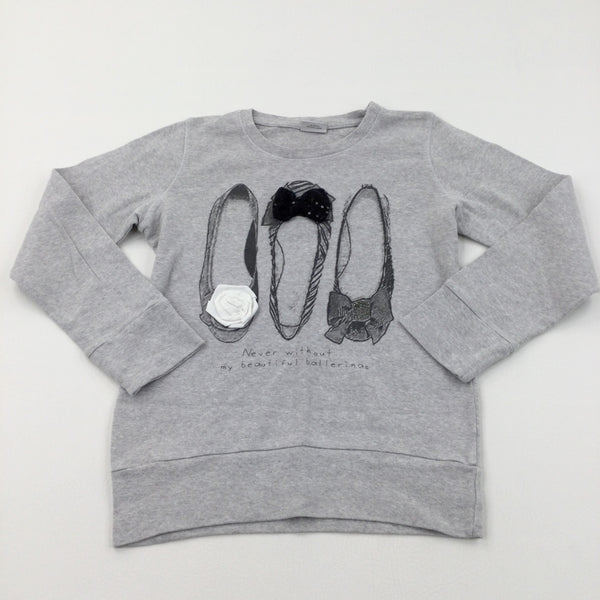 'Never Without My Beautiful Ballerinas' Appliqued Shoes Grey Lightweight Sweatshirt - Girls 10 Years