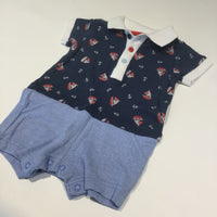 Sailing Boats Navy Mock T-Shirt & Blue & Attached White Striped Shorts Romper - Boys 0-3m