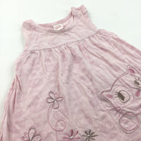 Butterflies & Cat Embroidered Pink Jersey Dress - Girls 6-9 Months