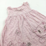 Butterflies & Cat Embroidered Pink Jersey Dress - Girls 6-9 Months