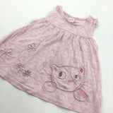 Butterflies & Cat Embroidered Pink Jersey Dress - Girls 6-9 Months