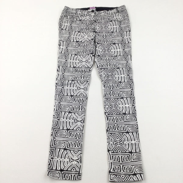 Patterned Black & White Cotton Twill Trousers with Adjustable Waistband - Girls 10-11 Years