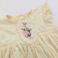 Flowers Embroidered Pale Yellow Cotton Blouse - Girls 9-12 Months