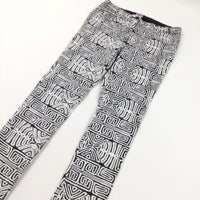 Patterned Black & White Cotton Twill Trousers with Adjustable Waistband - Girls 10-11 Years