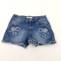 Stars Appliqued Mid Blue Denim Shorts with Adjustable Waistband - Girls 10-11 Years
