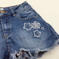 Stars Appliqued Mid Blue Denim Shorts with Adjustable Waistband - Girls 10-11 Years
